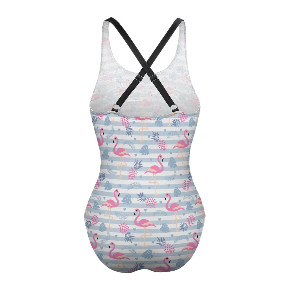 One Piece Swimsuit - Flamingo Pineapple stripes