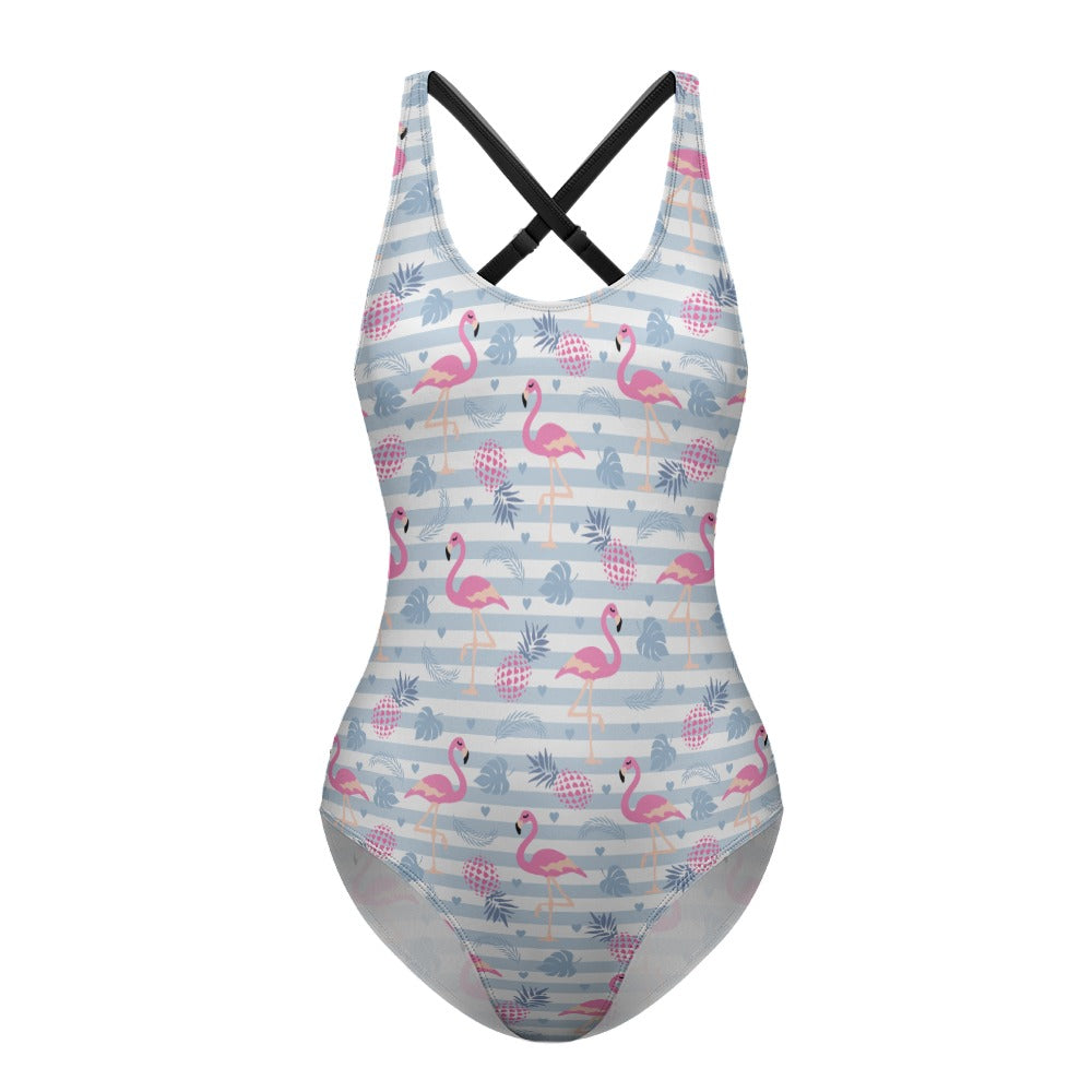 One Piece Swimsuit - Flamingo Pineapple stripes