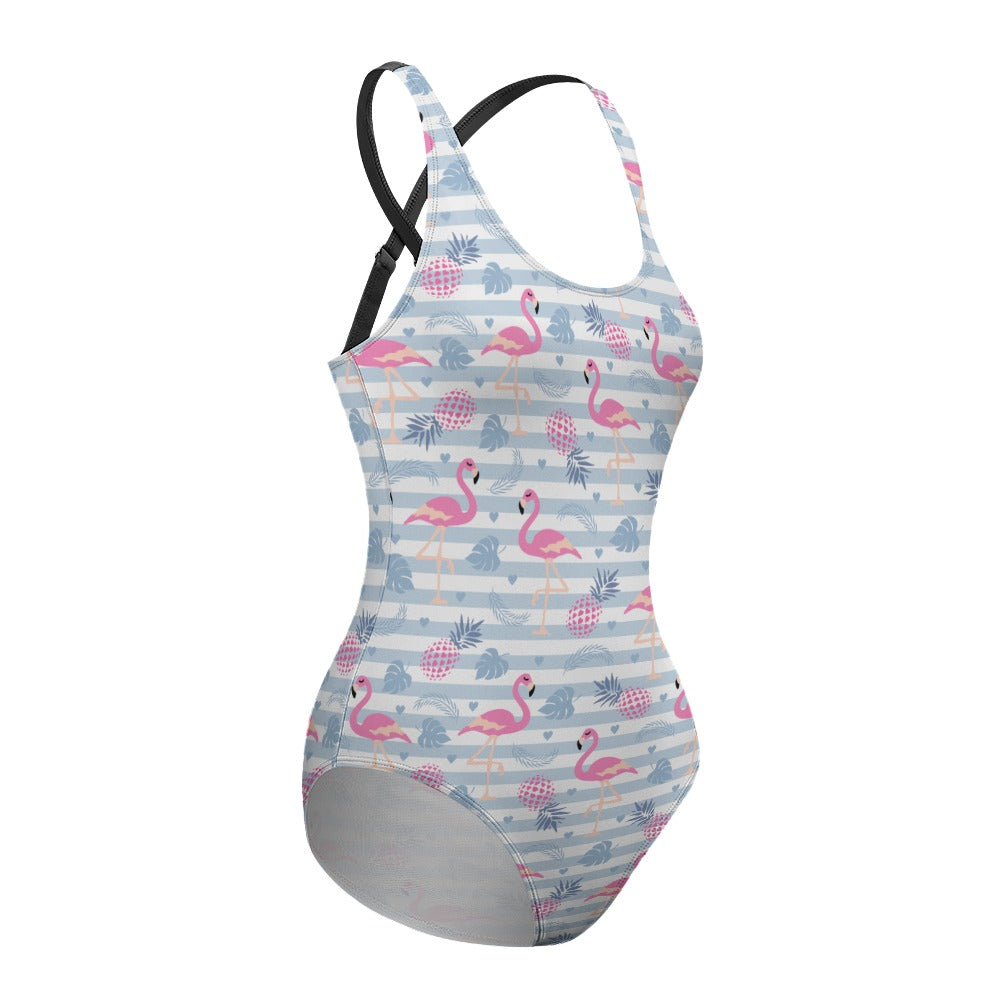 One Piece Swimsuit - Flamingo Pineapple stripes