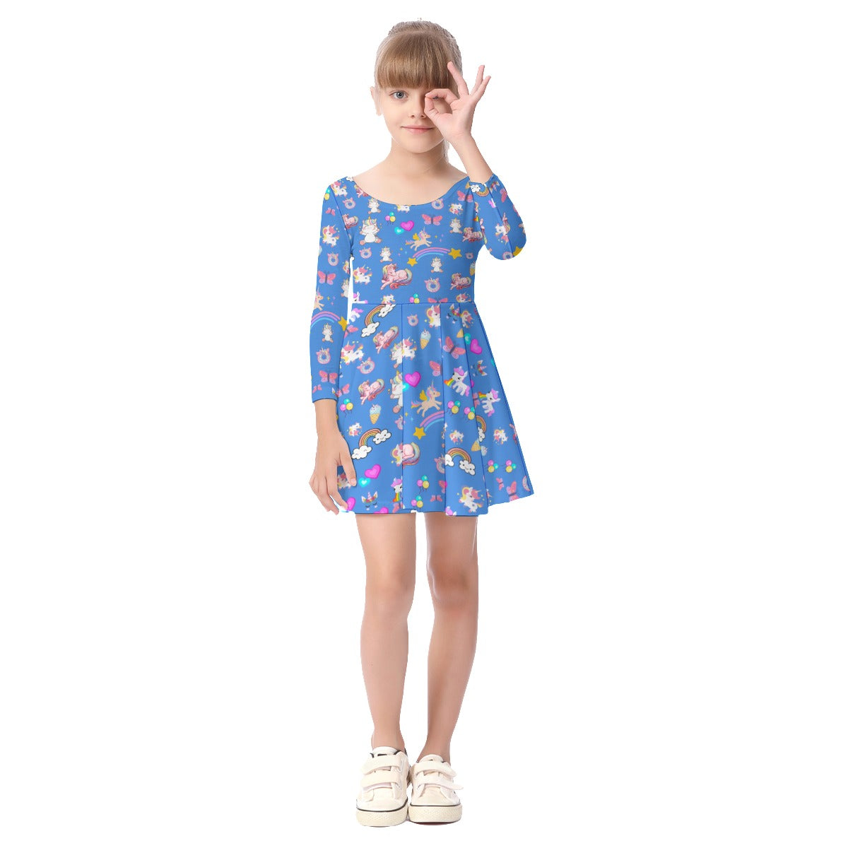 Unicorn Kid's Long Sleeve Dress - Blue