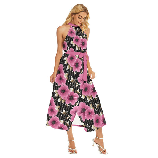 Wrap Hem Belted Halter Dress - Striped pink flowers