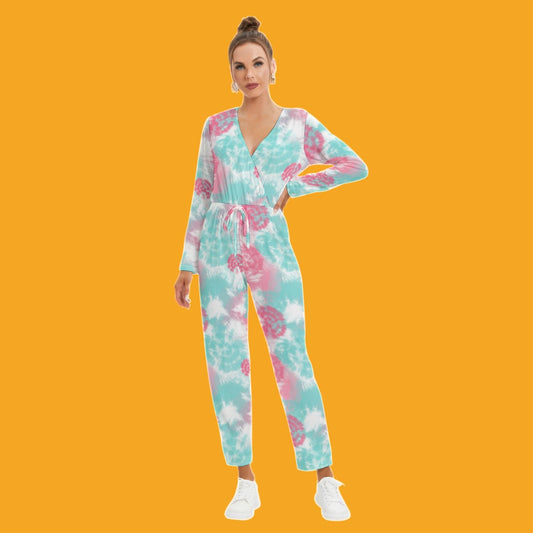 V-neck High Waist Jumpsuit - Tie dye