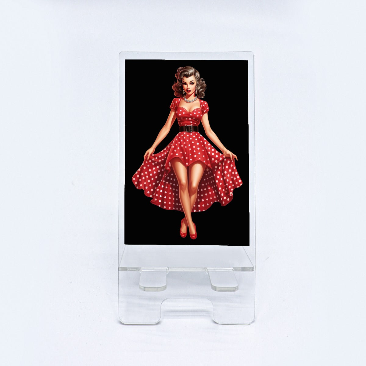 Vintage Pinup Girl - Dotted Dress - Phone holder - Acrylic