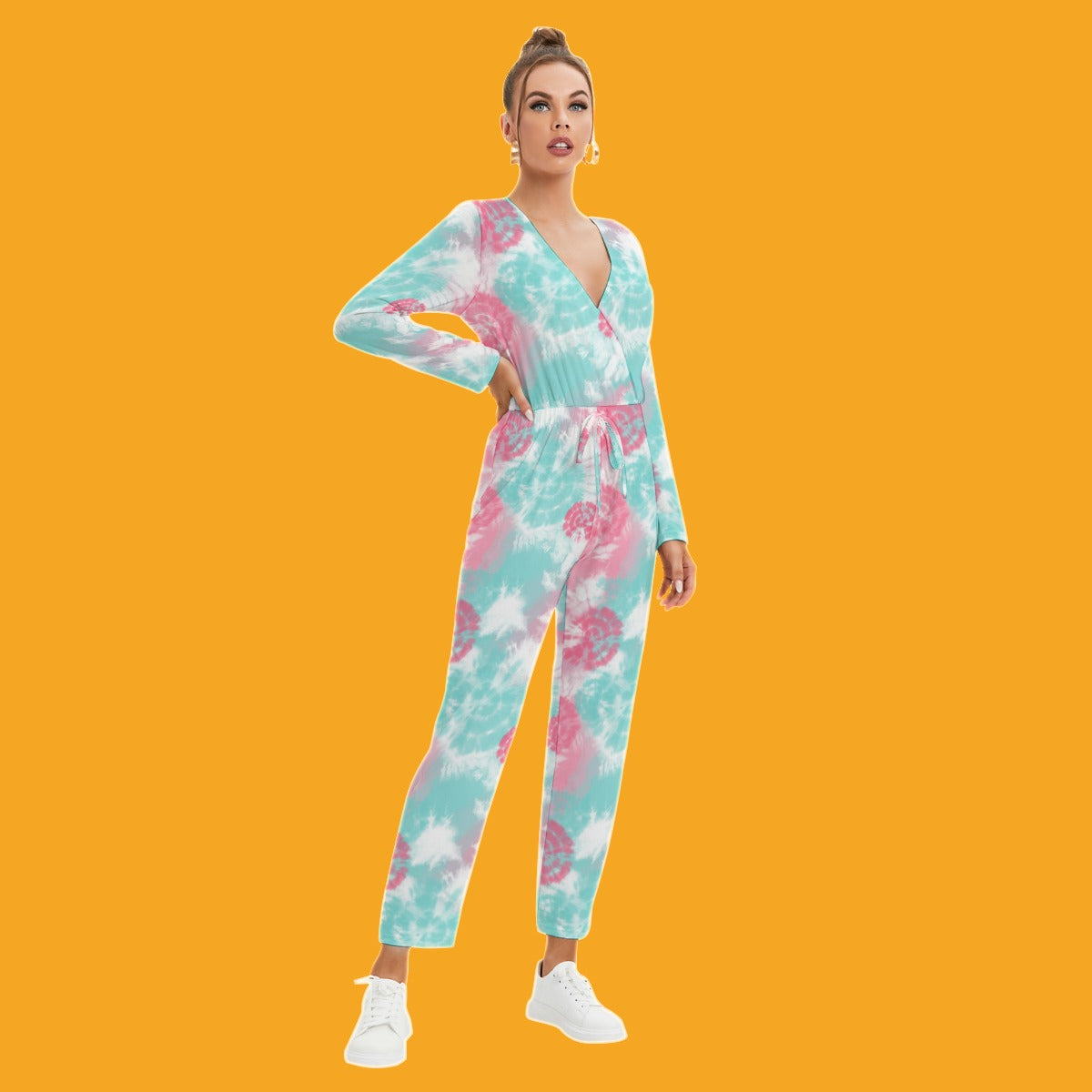 V-neck High Waist Jumpsuit - Tie dye