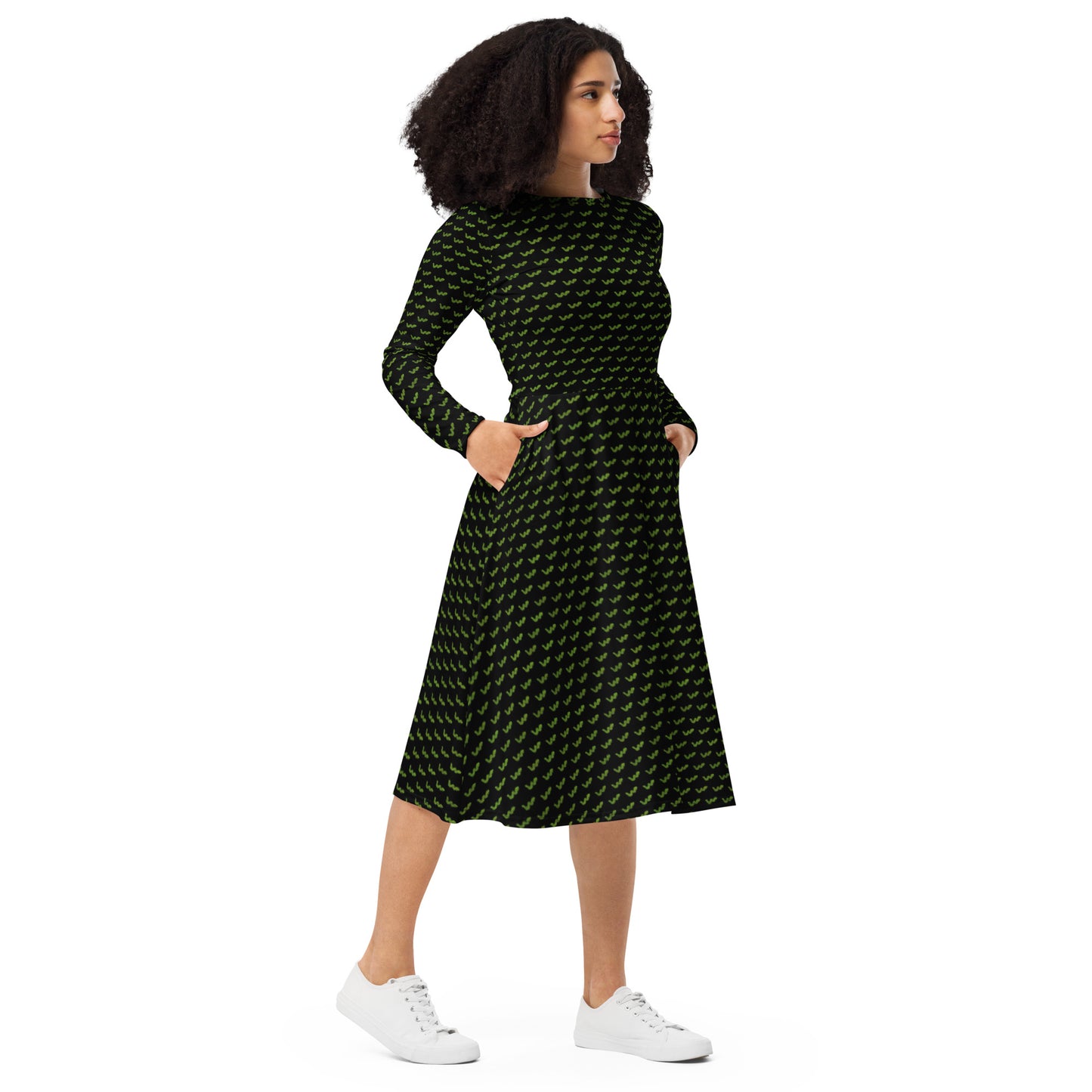 Green Snake long sleeve midi dress - Black