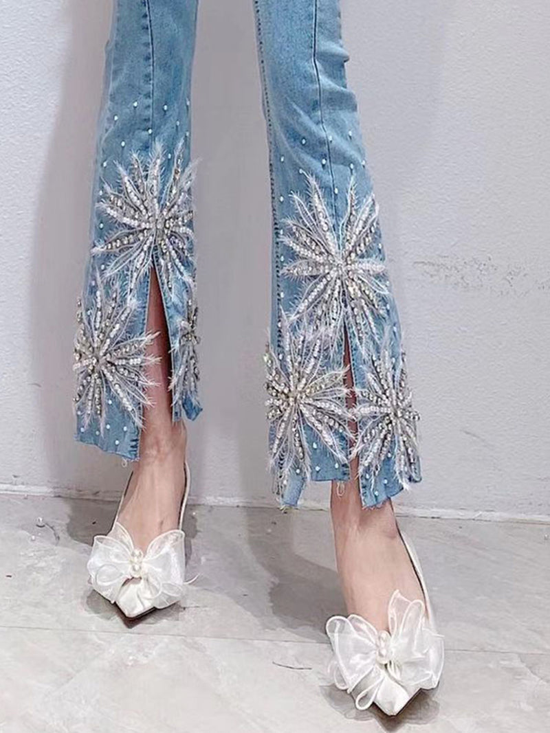 Women's Heavy Industry Beaded Diamond Slit Jeans
