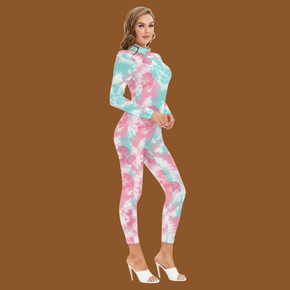 Long-sleeved High-neck Jumpsuit With Zipper - Tie dye