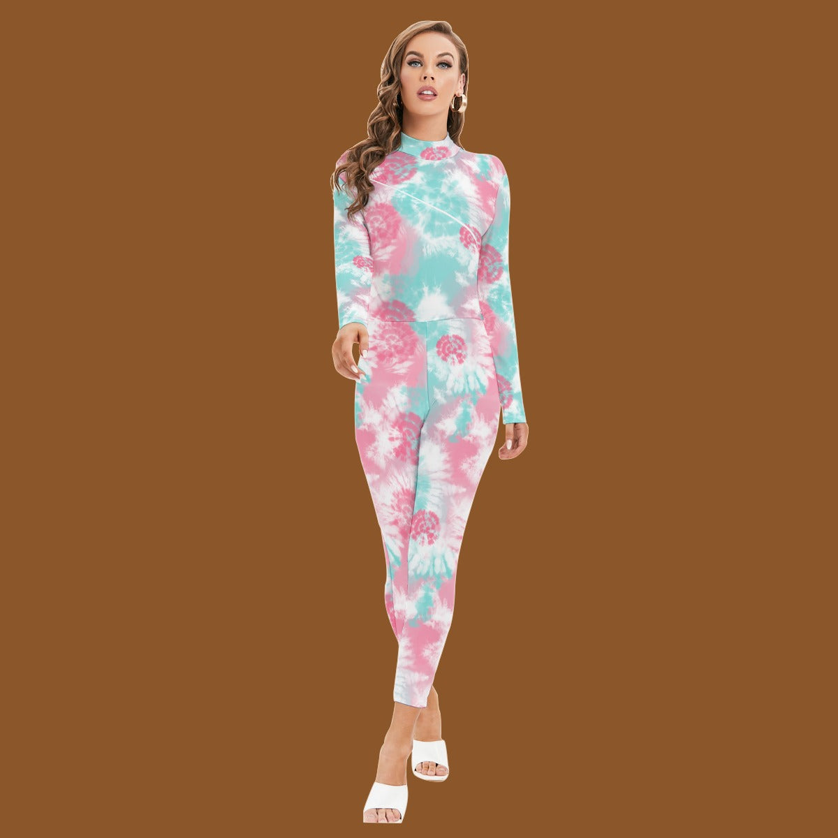 Long-sleeved High-neck Jumpsuit With Zipper - Tie dye