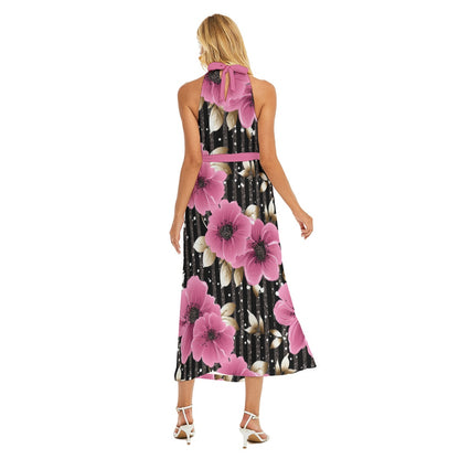 Wrap Hem Belted Halter Dress - Striped pink flowers