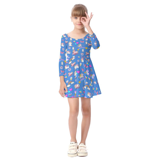 Unicorn Kid's Long Sleeve Dress - Blue