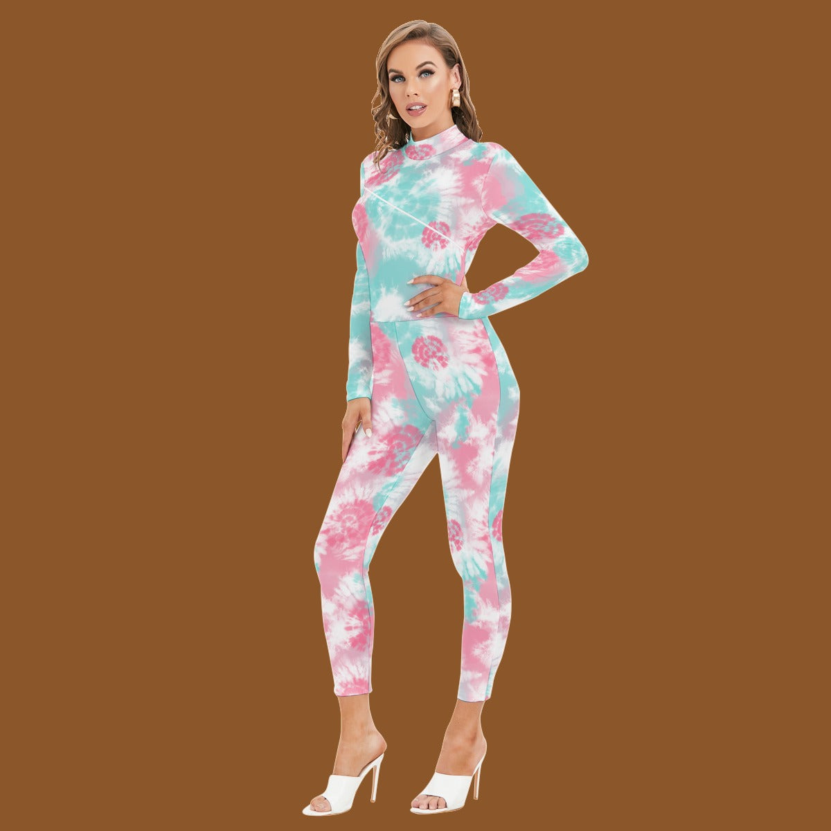Long-sleeved High-neck Jumpsuit With Zipper - Tie dye