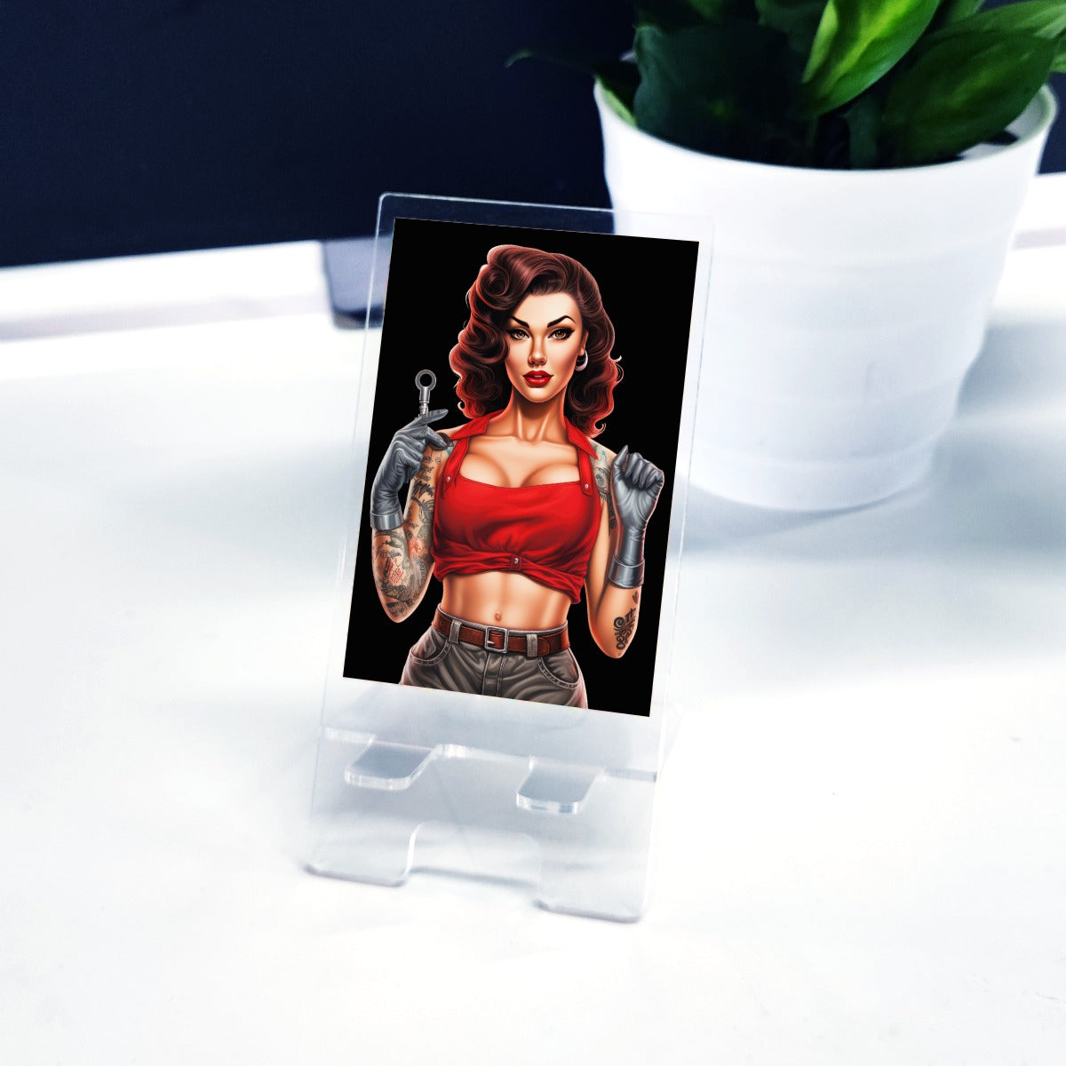 Vintage Pinup Girl - Mechanic- Phone holder - Acrylic