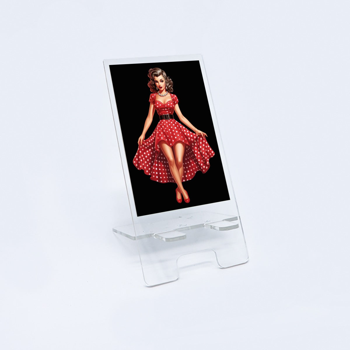 Vintage Pinup Girl - Dotted Dress - Phone holder - Acrylic