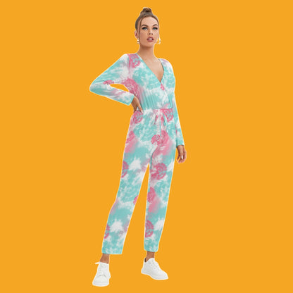 V-neck High Waist Jumpsuit - Tie dye