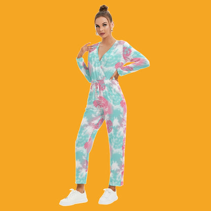 V-neck High Waist Jumpsuit - Tie dye