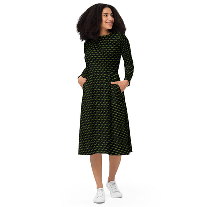 Green Snake long sleeve midi dress - Black
