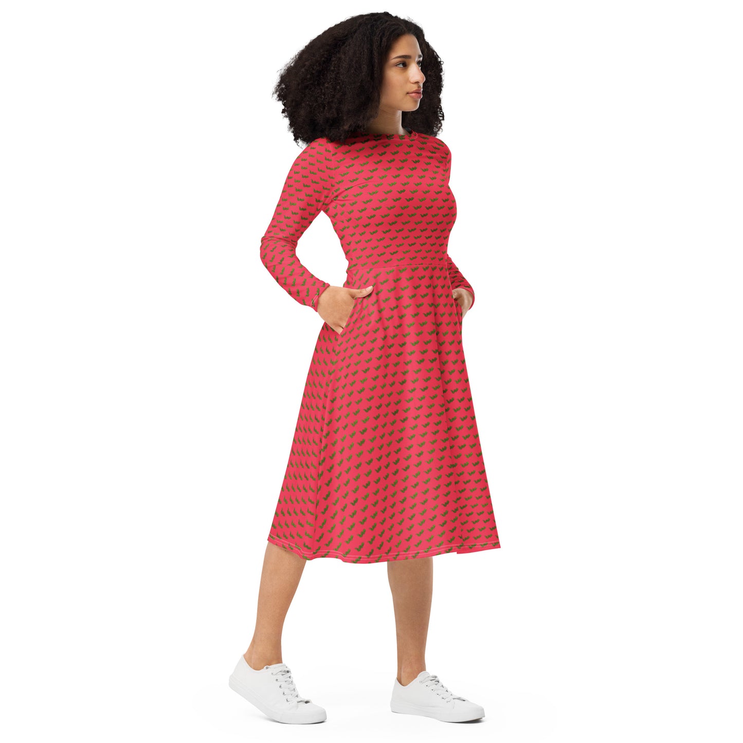 Green Snake long sleeve midi dress - Red
